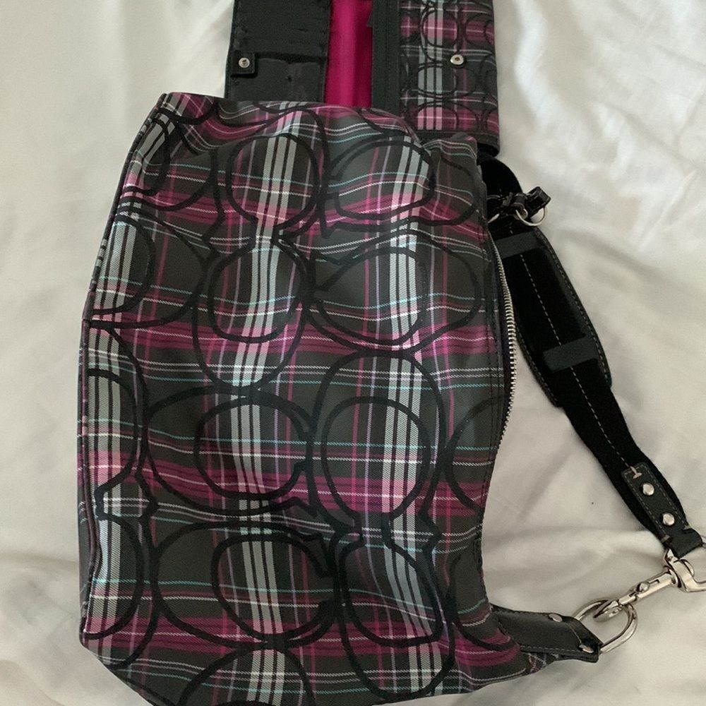 Coach Purse & Matching Wallet: Pink, Black, Grey Plaids with Hints of Glitter - Picture 3 of 16